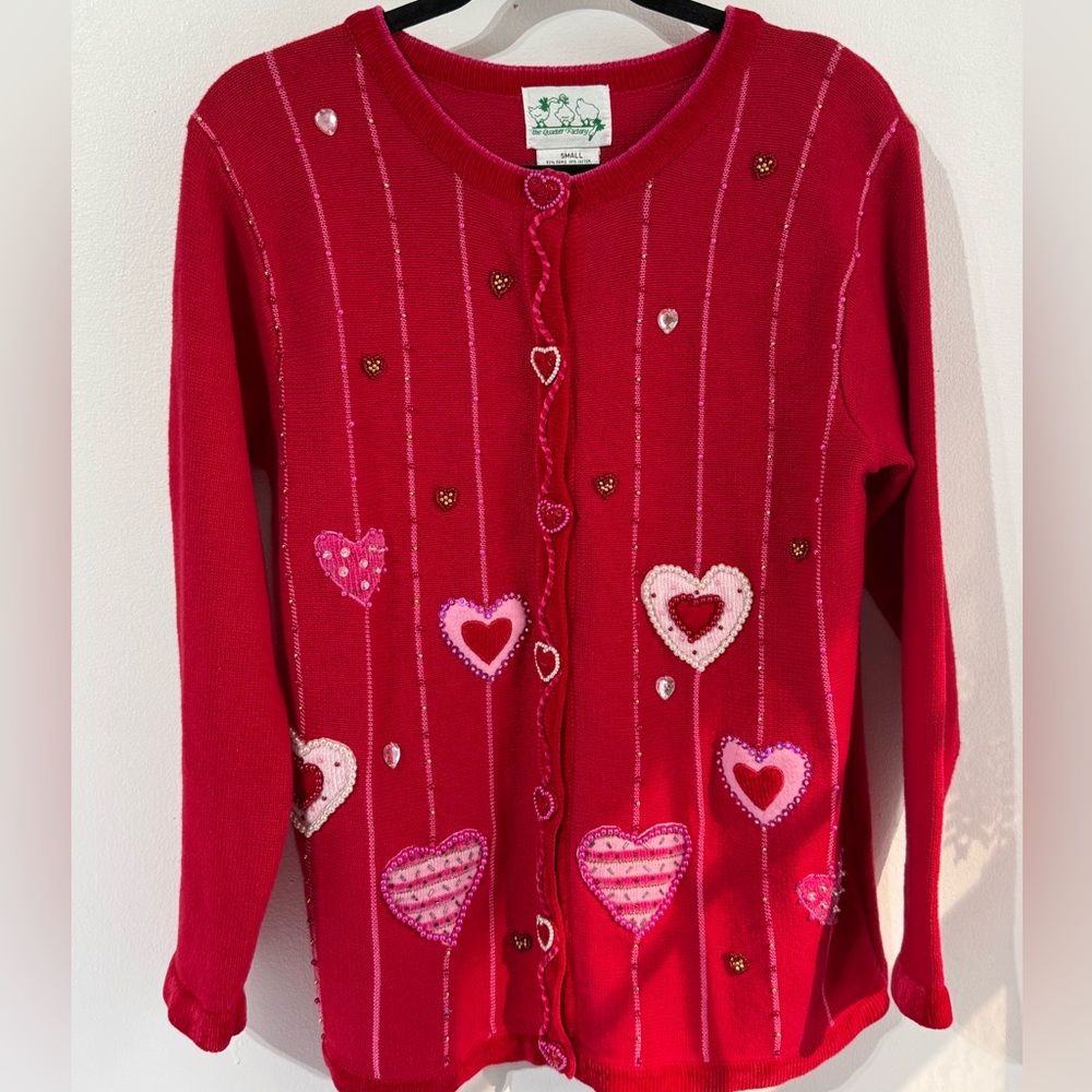 The Quacker Factory Valentines beaded embroidered sweater cardigan size small